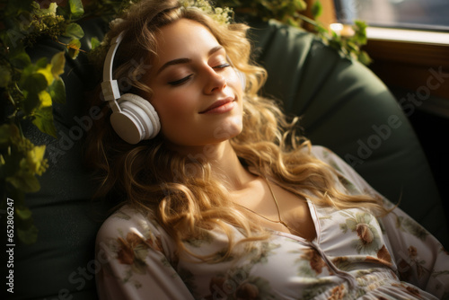 a beautiful young girl with light long curly hair lies with her eyes closed and listens to music with headphones