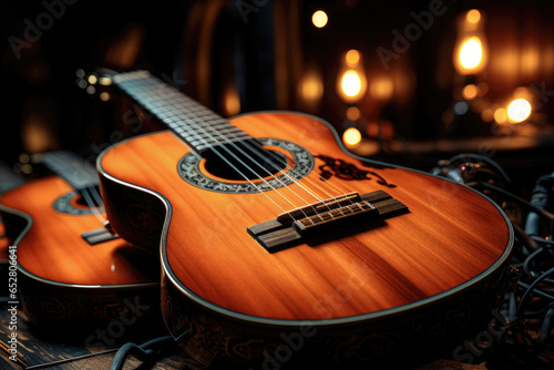 Acoustic guitar close-up on a dark background