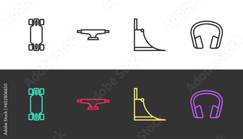 Set line Longboard or skateboard, Skateboard wheel, park and Headphones on black and white. Vector