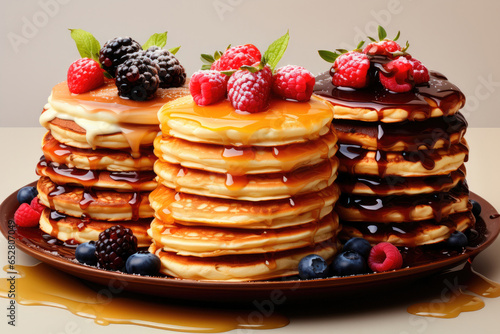 Delicious stacked pancakes with fresh raspberries and blueberries and maple syrup and chocolate on a plate