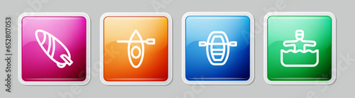 Set line Surfboard, Kayak and paddle, Boat with oars and Water gymnastics. Colorful square button. Vector