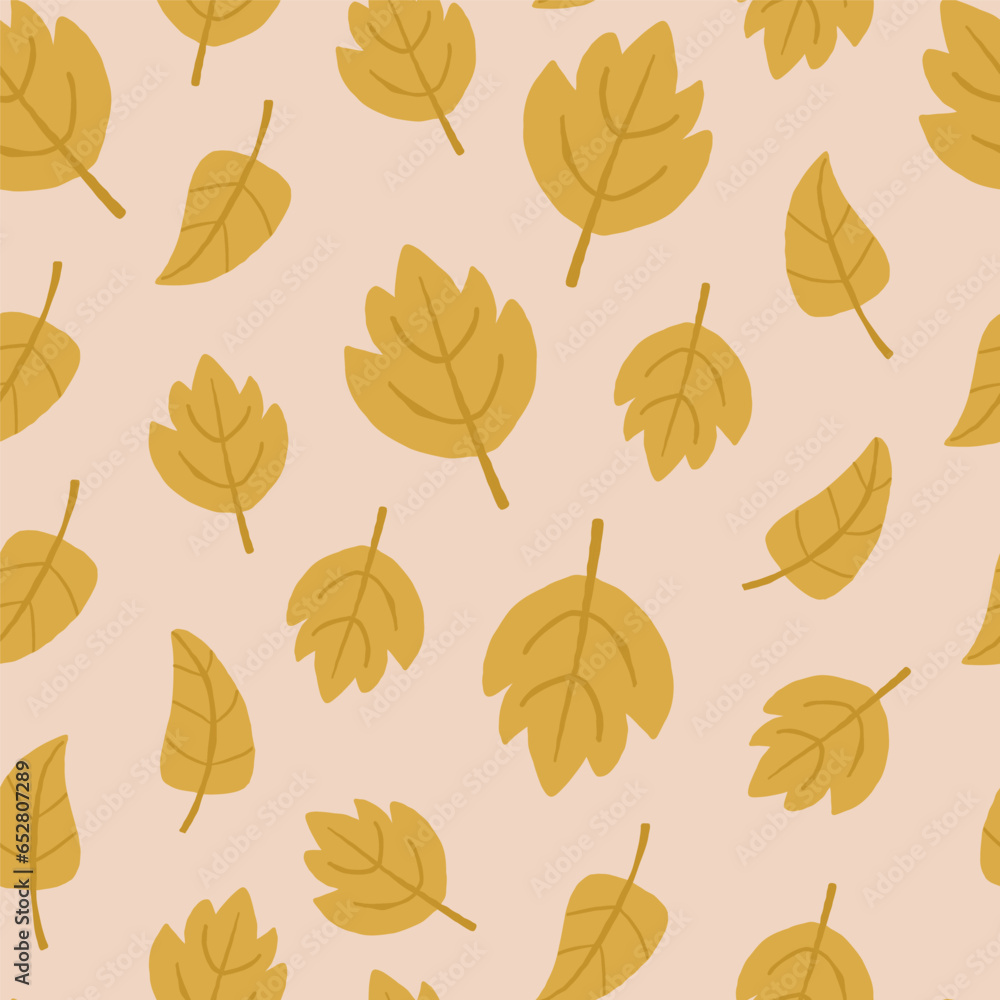 Vector seamless pattern with yellow leaves on beige. Autumn nature pattern. Vector illustration
