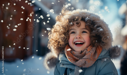 Outdoor close-up portrait of young beautiful happy smiling girl enjoying the winter, wearing jacket and knitted hat walking in winter park when its snowing copy space