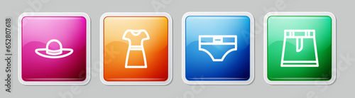 Set line Elegant women hat, Woman dress, Men underpants and Skirt. Colorful square button. Vector