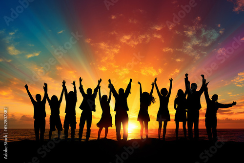 A Successful large gathering of individuals celebrating their triumph raising their arms on a mountaintop, with backdrop of the sun setting over lake and mountains. Generative AI.