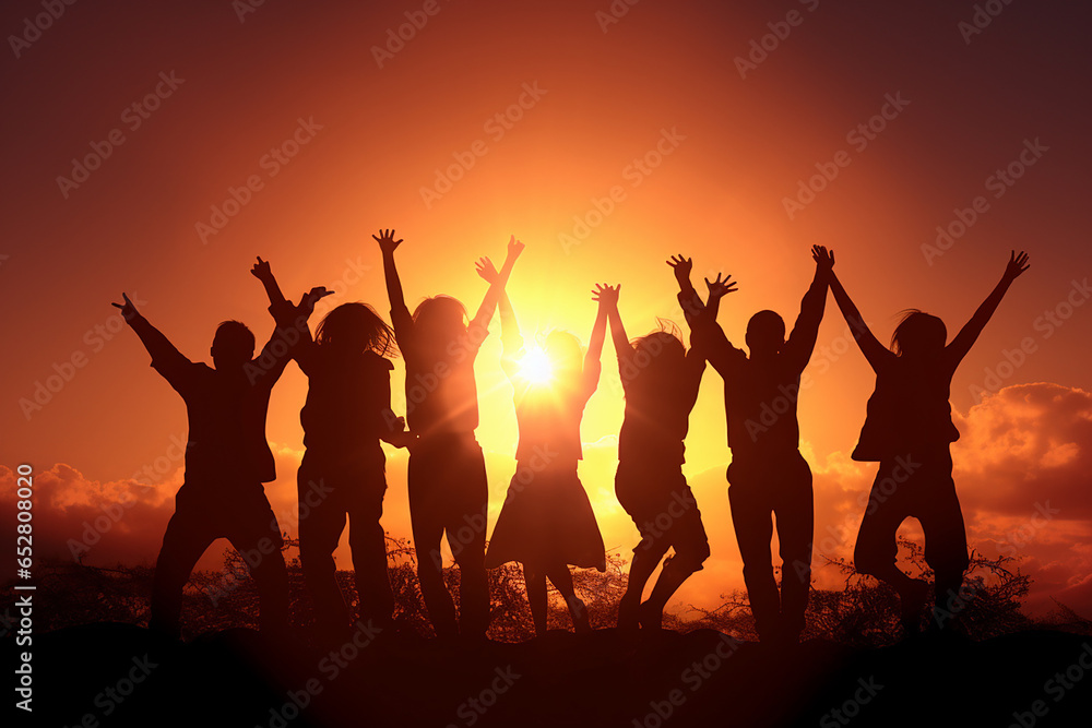 A Successful large gathering of individuals celebrating their triumph raising their arms on a mountaintop, with backdrop of the sun setting over lake and mountains. Generative AI.