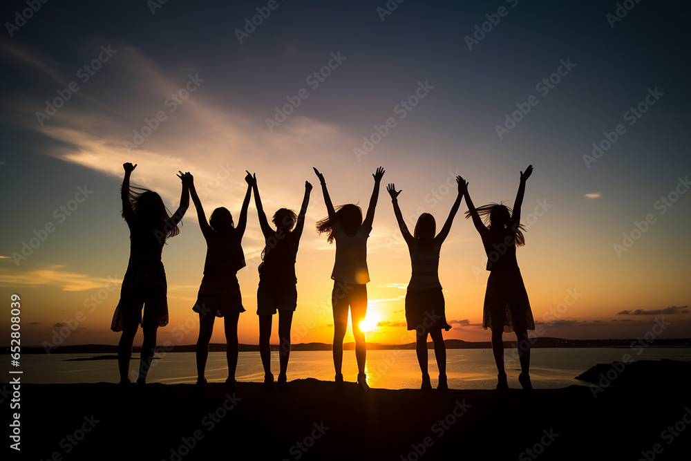 Fototapeta premium A Successful large gathering of individuals celebrating their triumph raising their arms on a mountaintop, with backdrop of the sun setting over lake and mountains. Generative AI.