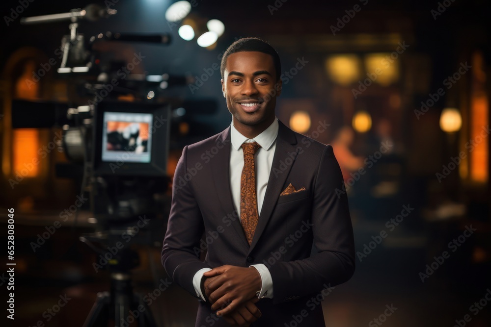 Fototapeta premium Black Male Journalist Occupation Job Expertise Work Environment Background Generative AI