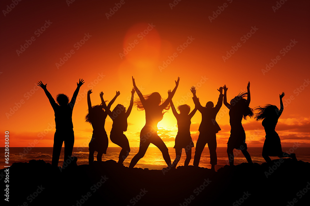 A Successful large gathering of individuals celebrating their triumph raising their arms on a mountaintop, with backdrop of the sun setting over lake and mountains. Generative AI. A Successful large gathering of individuals celebrating their triumph raising their arms on a mountaintop, with backdrop of the sun setting over lake and mountains. Generative AI.