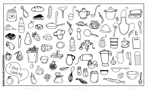 A set of vector black and white icons. The concept of cooking. Hand-drawn doodles. Icon, template, clipart, sketch. Kitchen, food, dishes, products, tools.