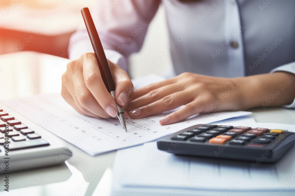 Close up hands of accountant woman working on desk using calculator to financial report in office business accounting finance concept. - obrazy, fototapety, plakaty 