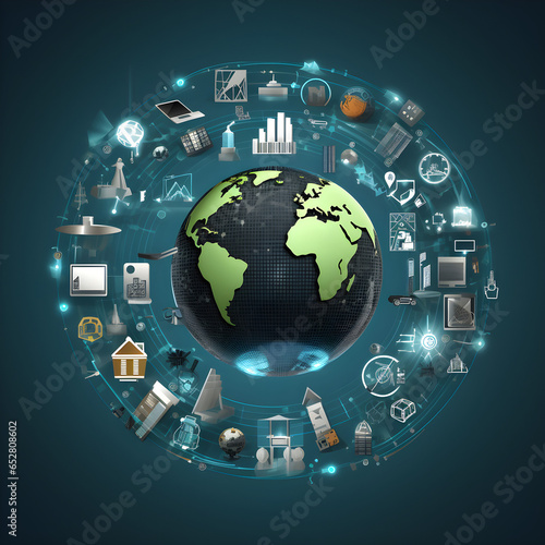 Vibrant Globe Surrounded by Technology Icons and Devices, Signifying Interconnected Digital World