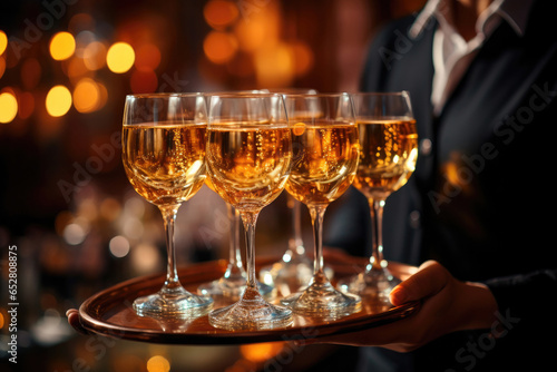 Glasses and champagne on a tray on the waiter's hand against the background of side lights