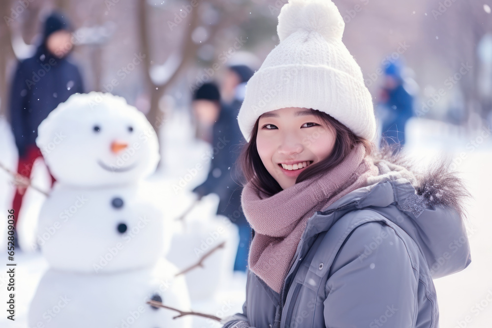 Young asian chinese woman building snowman at the park in winter Young asian chinese woman building snowman at the park in winter