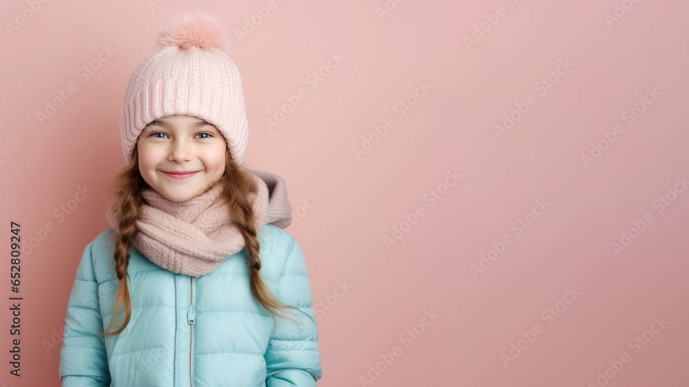 Happy brunette girl wearing winter cloth isolated on pastel background Happy brunette girl wearing winter cloth isolated on pastel background