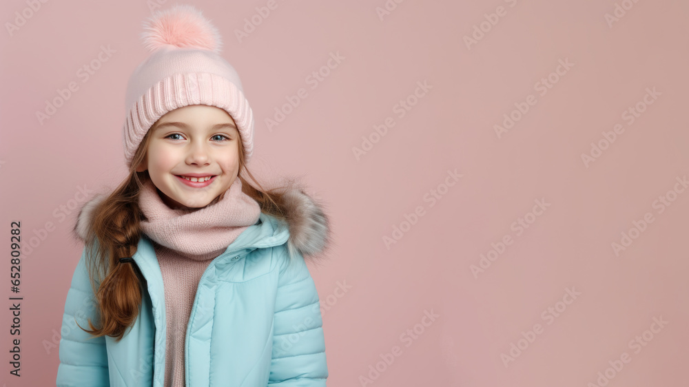 Happy brunette girl wearing winter cloth isolated on pastel background Happy brunette girl wearing winter cloth isolated on pastel background