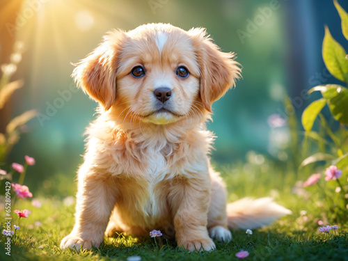 golden retriever sitting on the grass in the sunrise, chrysanthemums, blurred background,