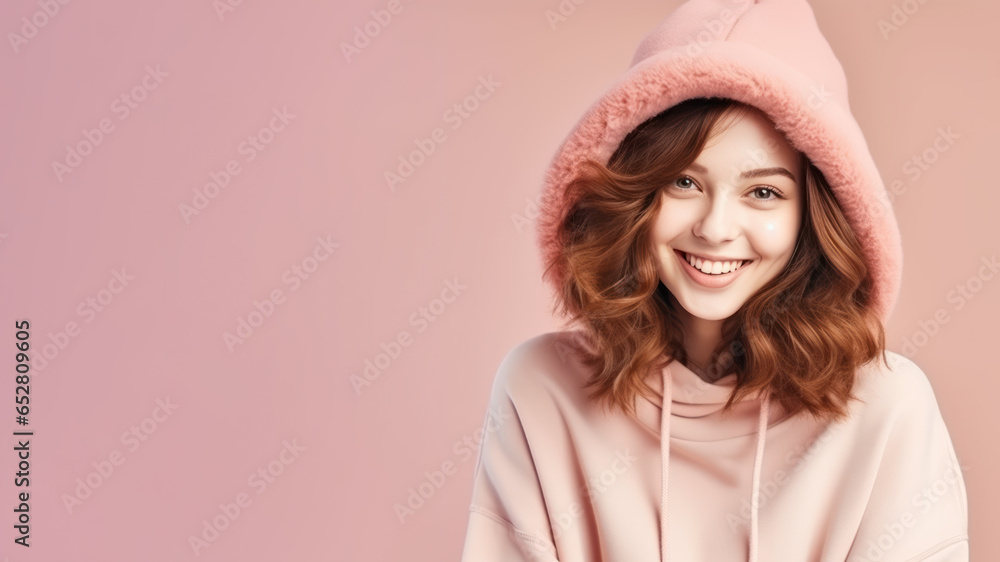 Happy brunette woman wear winter cloth isolated on pastel background Happy brunette woman wear winter cloth isolated on pastel background