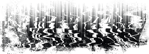 Glitch distorted grange shape . Noise grungy logo . Trendy defect error shapes . Glitched  .Grunge textured . Distressed effect .Vector shapes with a halftone dots screen print texture.