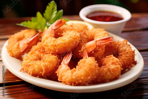 fried coconut shrimp on wooden table. Close up
