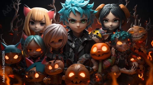 A playful group of spooky cartoon characters, their mischievous faces illuminated by the eerie glow of jack-o-lanterns, bring a touch of halloween magic to any toy shelf