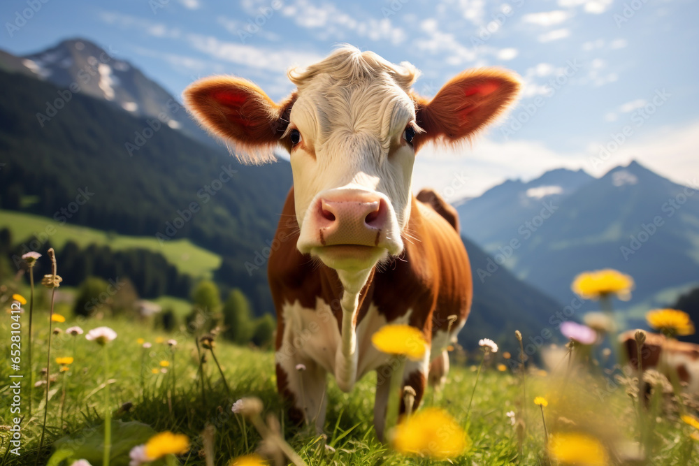 Cute cow eating grass in the alps with a beautiful bokeh