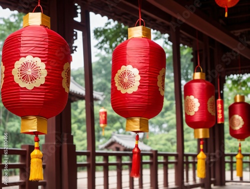 Red Lanterns Hanging From A Wooden Structure © Pixel Matrix