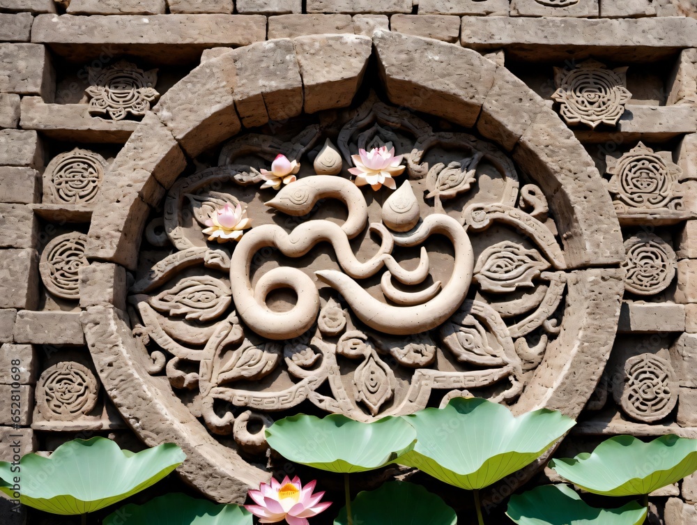 A Stone Wall With A Flower And A Snake