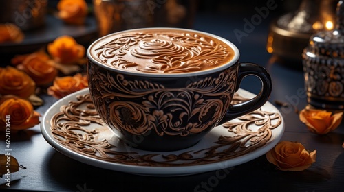 A steaming cup of coffee, served in a delicate porcelain cup, sits atop a pristine saucer, creating a picture-perfect moment of warmth and comfort as the creamy foam beckons one to indulge © Envision