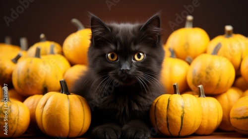 A mysterious black cat stares solemnly into the glowing eyes of a miniature pumpkin patch, evoking a sense of eerie tranquility perfect for the upcoming halloween season photo