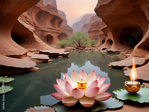 A Lotus Flower In A Lake With A Candle