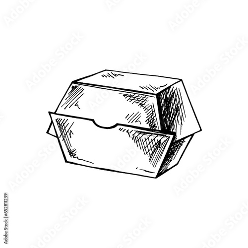 Hand-drawn sketch of paper lunch food craft box package. Realistic isolated pack for take away breakfast or snack illustration. Vector illustration. Eco concept.