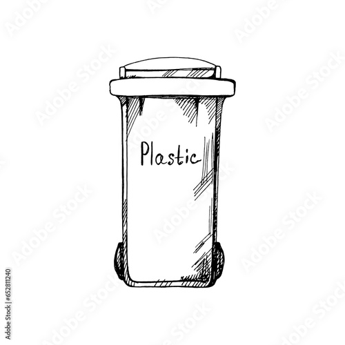 Hand-drawn black sketch of trash container for plastic. Segregate waste, sorting garbage, waste management. Retro ector outline illustration. Doodle.