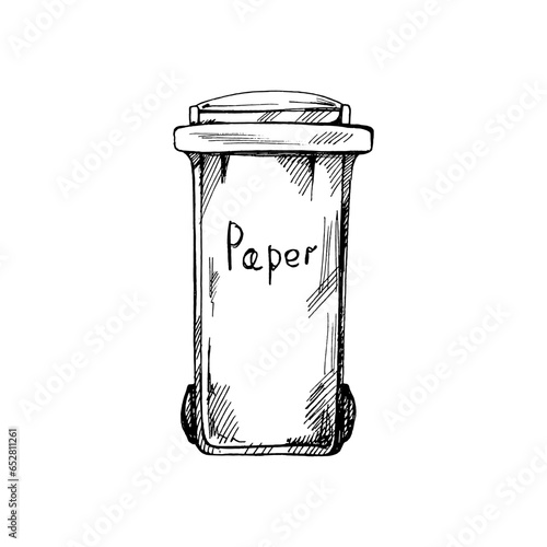 Hand-drawn black sketch of trash container for paper. Segregate waste, sorting garbage, waste management. Retro ector outline illustration. Doodle.