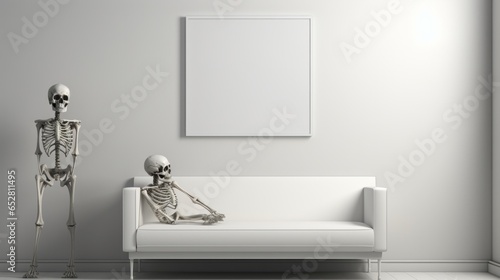 An artfully designed room filled with furniture and an unexpected skeleton sitting on the couch against a bare wall captures the beauty of the macabre photo