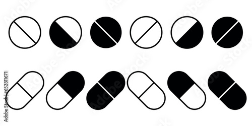 Vector pills icon set medicament and pharmaceutical symbol.