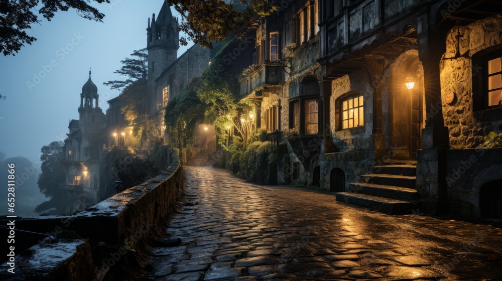 The illuminated stone path stretches through a vibrant urban landscape, inviting travelers to explore the enchanting night and all its mysterious beauty