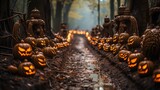 A hauntingly beautiful sight of carved pumpkins scattered throughout the outdoor forest on the ground, evoking a sense of spooky celebration during halloween