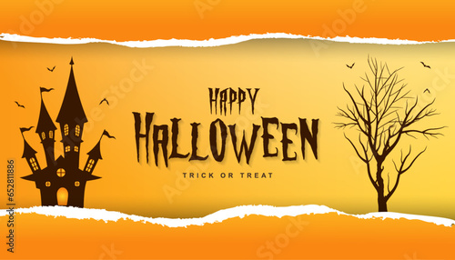 Happy halloween banner torn paper effect background illustration with halloween text and haunted house for halloween celebration