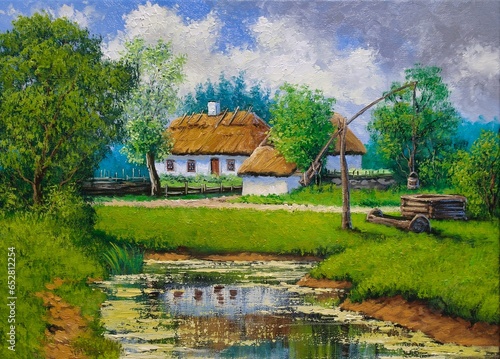 Oil paintings rural landscape, garden with pond and house, village in the morning