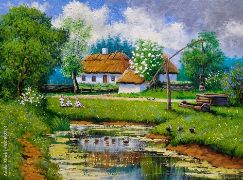 Oil paintings rural landscape, garden with pond and house, old village in the morning