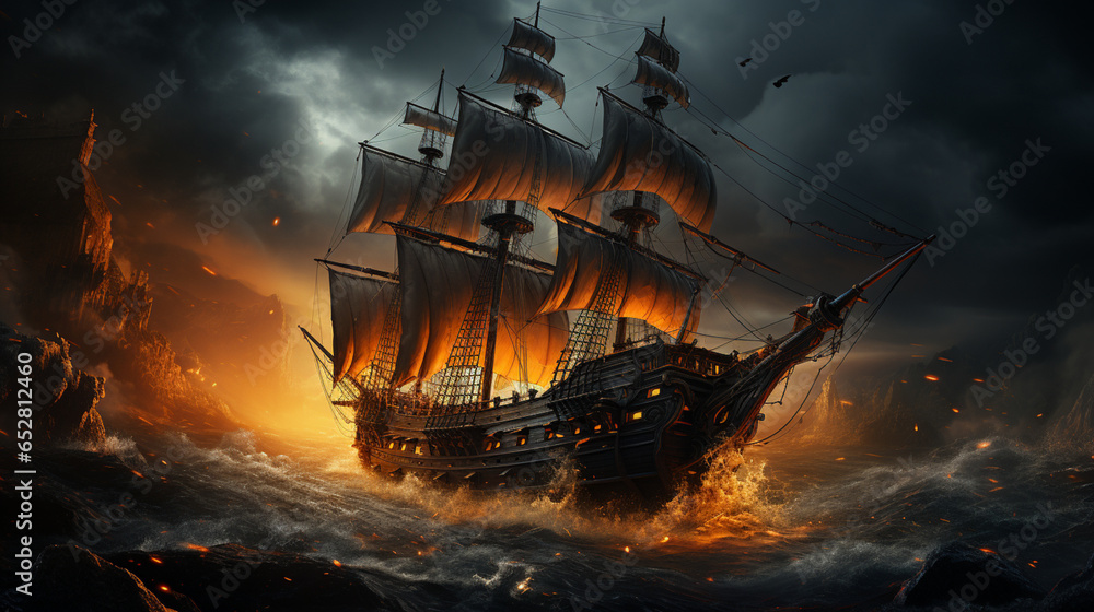 Obraz premium Big Pirate Ship in the Ocean, Generative Ai