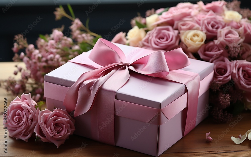 A pink gift box with a pink ribbon and a beautiful arrangement of pink roses, perfect for designs related to romance, gifts, celebrations or Valentine's themes. A pink gift box with a pink ribbon and a beautiful arrangement of pink roses, perfect for designs related to romance, gifts, celebrations or Valentine's themes.
