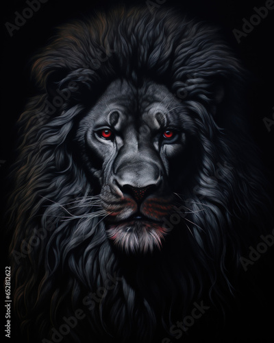 Black lion with a thick mane and red eyes on a black background