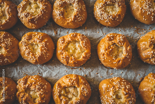 Homemade freshly baked buns background top view