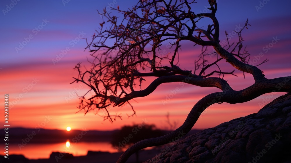 The vivid orange-pink sky envelops the silhouetted tree, its branches reaching out in awe of the majestic sunset, a breathtaking sight that captures the beauty of nature in its fleeting afterglow