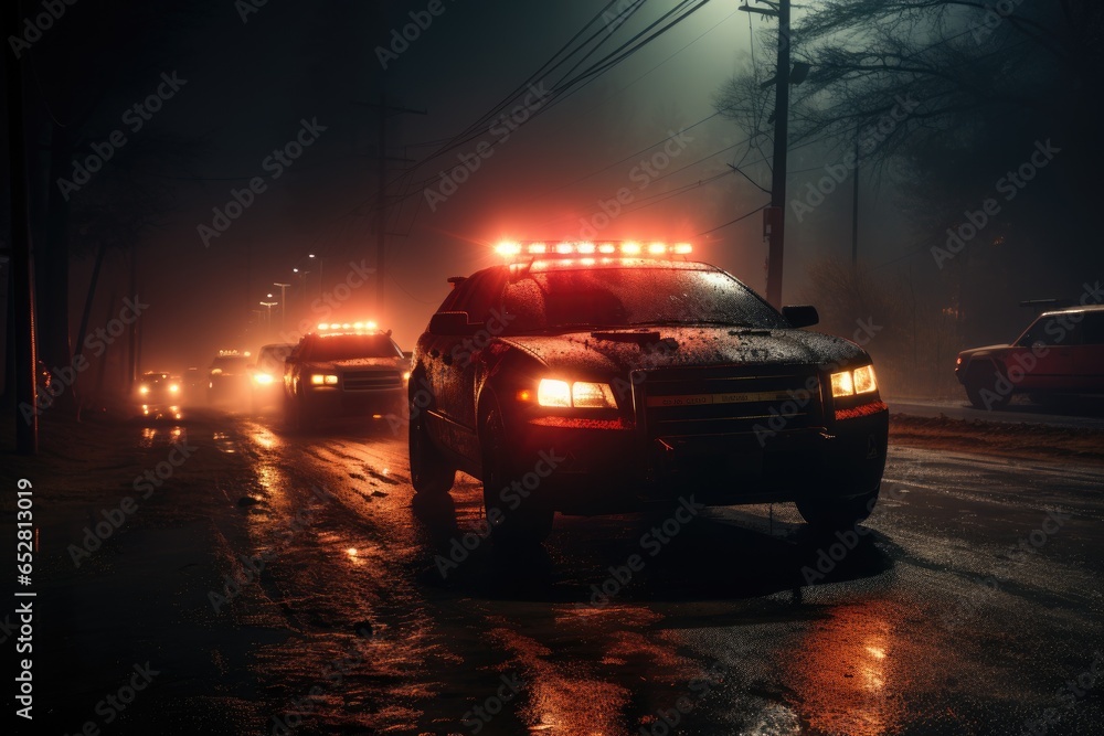 Undercover Drama: A Thrilling Chase of Police Cars in a Foggy Night