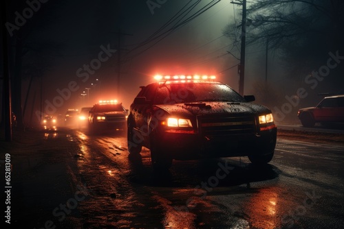 Undercover Drama: A Thrilling Chase of Police Cars in a Foggy Night