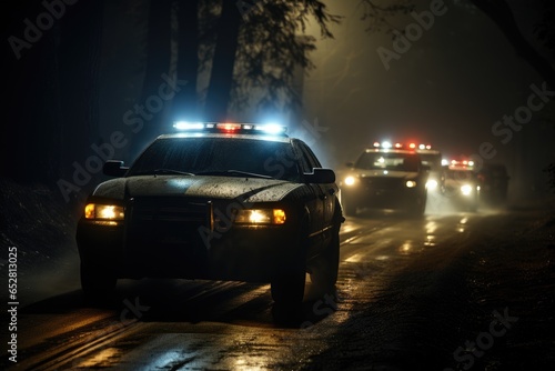 High-Speed Pursuit: Police Cars Chasing Through a Foggy Night