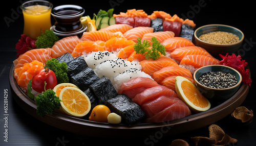 Freshness on a plate seafood, sashimi, maki sushi, nigiri, fillet generated by AI